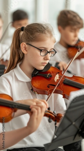 young female violinist in school orchestra playing classical music with focused expression photo