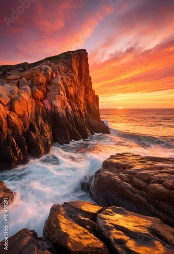 stunning sunset casting warm hues over rocky shoreline crashing waves serene ocean views, orange, pink, yellow, sky, clouds, reflection, water, silhouette © Yaraslava