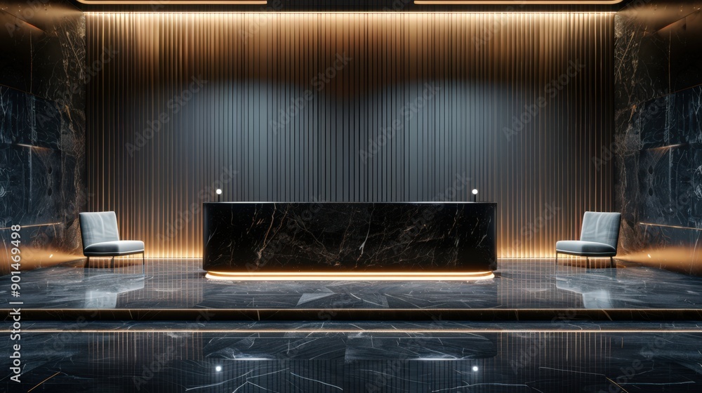 A black room with a black desk and two chairs A black room with a black desk and two chairs