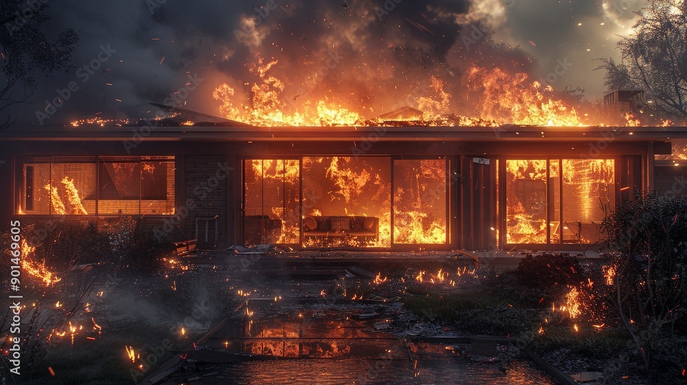 House Burning Fiercely Under Twilight Sky House Burning Fiercely Under Twilight Sky