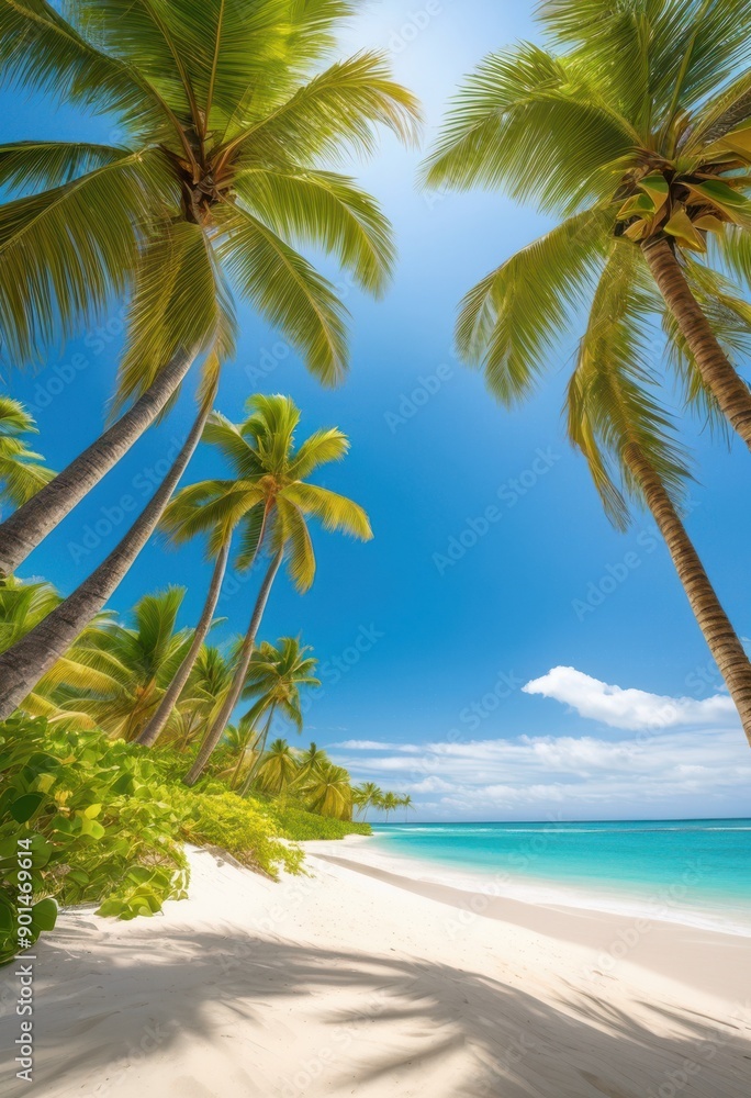 Obraz premium secluded beach turquoise waves crashing sandy shore surrounded lush greenery clear blue sky, tropical, coastline, water, ocean, paradise, serene, tranquil