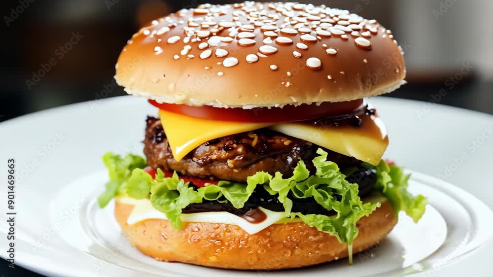 Delicious cheeseburger with fresh lettuce, tomato, and cheese Delicious cheeseburger with fresh lettuce, tomato, and cheese