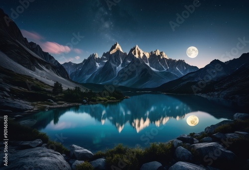 serene mountain range under bright full moon illuminating majestic landscape, night, sky, illumination, peaks, scenery, glow, stars, wilderness, rocky