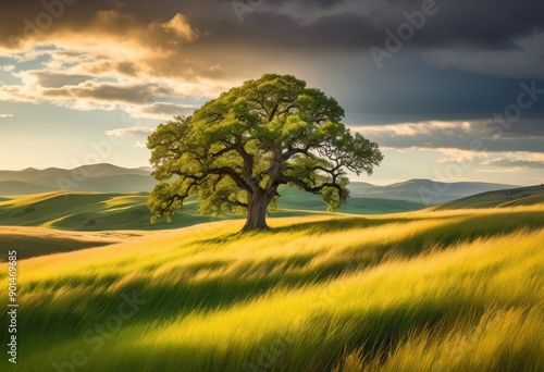 expansive prairie landscape featuring solitary tree under wide open sky rolling grassy hills, field, grassland, meadow, flora, vegetation, countryside, rural