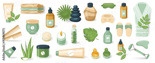 Items for self-care. Spa, aromatherapy and wellness products. . Scented candle, essential oil, soap, stones, leaves. Massage salon items vector illustration