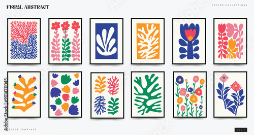 Abstract Floral Posters Template in Modern Trendy Matisse Minimal Style. Hand-Drawn Design. Ideal for Boho Style Poster Designs. Wallpaper, Wall Decor, Prints, Postcards template. Vector illustrations