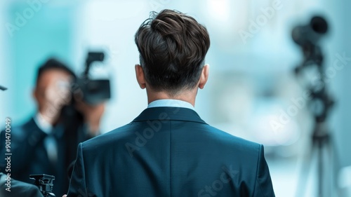 businessman walking away from a group of photographers in a blurred background, corporate leadership, public figure, media attention, business success, public relations, corporate image, corporate wor