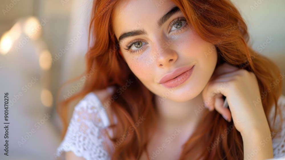 Captivating image of a young redhead woman sitting on a couch, lost in thought while jotting down notes. Captivating image of a young redhead woman sitting on a couch, lost in thought while jotting down notes.