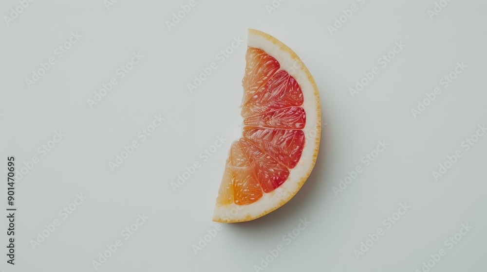 A segment of a grapefruit, its pinkish flesh and juice visible, neatly placed on a white backdrop. A segment of a grapefruit, its pinkish flesh and juice visible, neatly placed on a white backdrop.