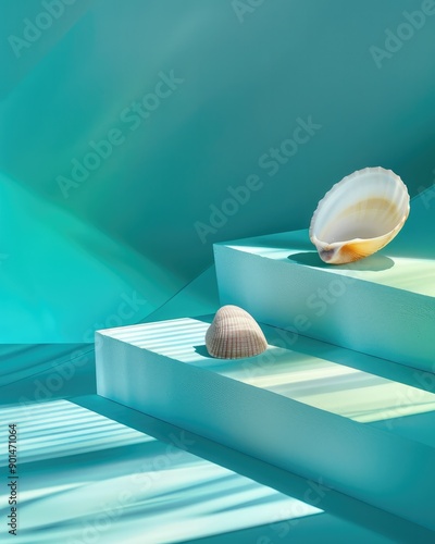 Abstract Summer Still Life with Shells on Seawater Gradient Color photo