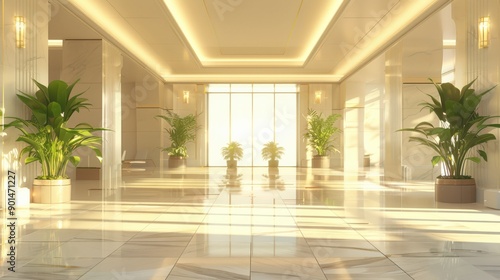 A large, empty lobby with a lot of plants and a lot of light