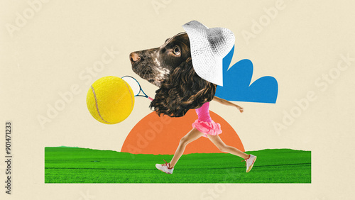 Contemporary art collage. Dog-headed tennis player hits ball in motion against beige background with surreal tennis court. Concept of sport, action, competition, fitness, summer rest. photo