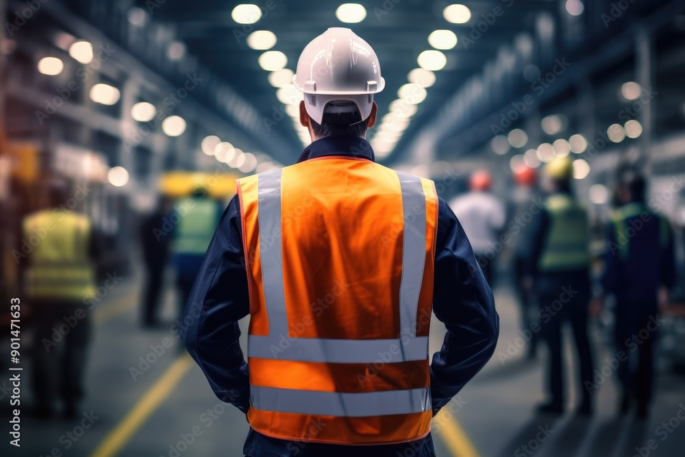 Man in Protective Equipment Conducting Factory Safety Inspection With Colleagues in Background Man in Protective Equipment Conducting Factory Safety Inspection With Colleagues in Background