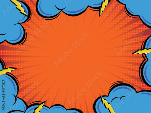 orange comic book background yellow flashes and blue clouds vector illustration in pop art style cartoon retro halftone effect
