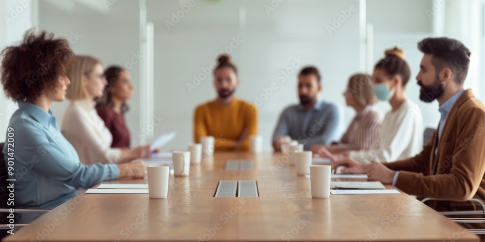 Fototapeta premium business meeting in a modern office with diverse team members and face masks, blurred background, focus on table and coffee mugs