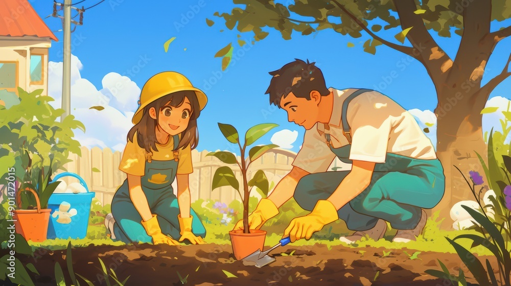 Obraz premium A family planting trees in their backyard