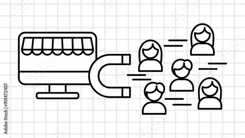 Lineart Whiteboard Vector of Online store attraction customers. Market magnet attracted loyal customer