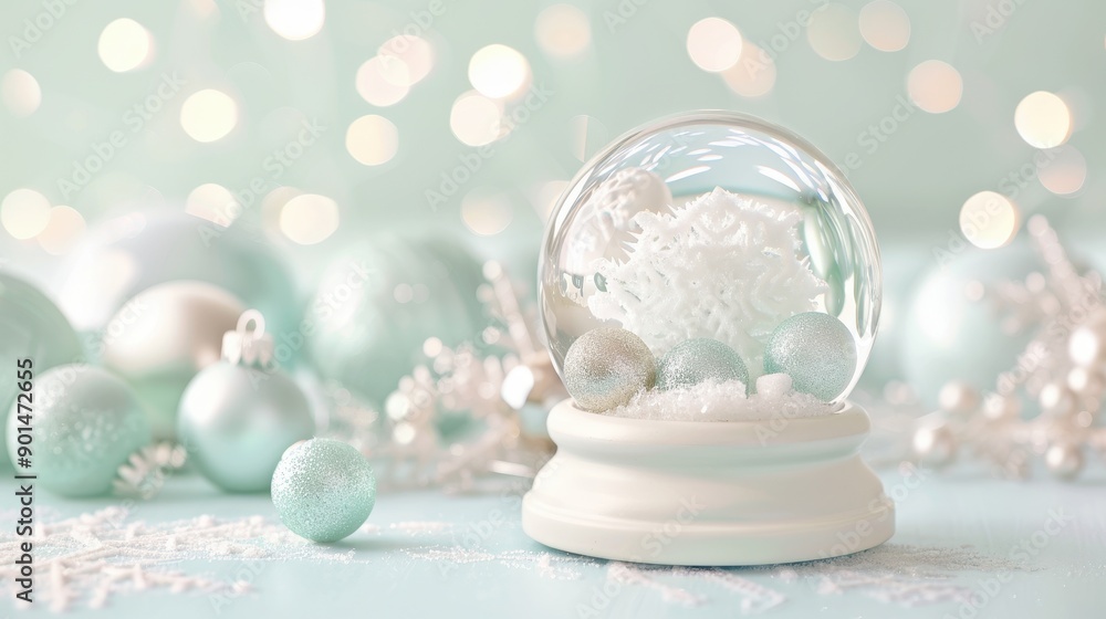 A glass snow globe with white snow and blue balls A glass snow globe with white snow and blue balls