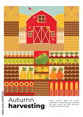 Autumnal geometric background with farm, fields and agriculture crops. Harvesting abstract backdrop with vegetables and fruits on the beds. Poster, cover
