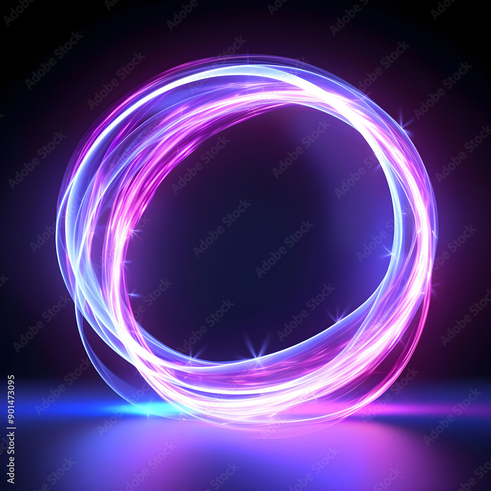 Neon glowing light trail, swirl wave with thunder bolt flash light. Purple and blue neon electric twirl lines. Cyber technology, fiber optic, isolated on white background Neon glowing light trail, swirl wave with thunder bolt flash light. Purple and blue neon electric twirl lines. Cyber technology, fiber optic, isolated on white background