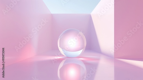 A pink room with a large glass ball in the center