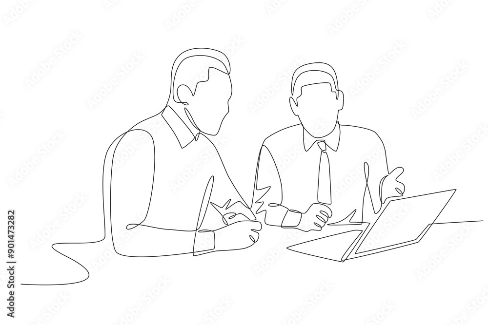 Two employees are discussing a briefing. Business briefing concept one-line drawing Two employees are discussing a briefing. Business briefing concept one-line drawing