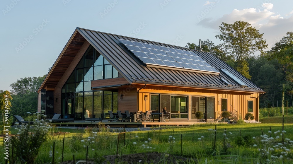 Write about the energy-efficient features of a passive house exterior. Describe triple-glazed windows, airtight construction, Write about the energy-efficient features of a passive house exterior. Describe triple-glazed windows, airtight construction,