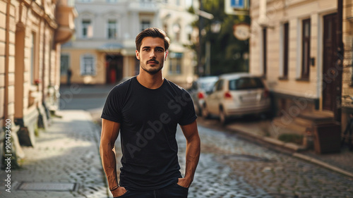 A handsome man wearing a black blank t-shirt standing on the street