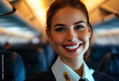 portrait of a stewardess with a beautiful and friendly smile in the aisle between the seats in a passenger seats
 photo