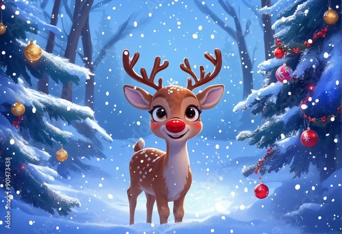 Cute Christmas deer in snowy winter forest. Merry Christmas and Happy New Year. Festive illustration for greeting card, poster, banner with copy space photo