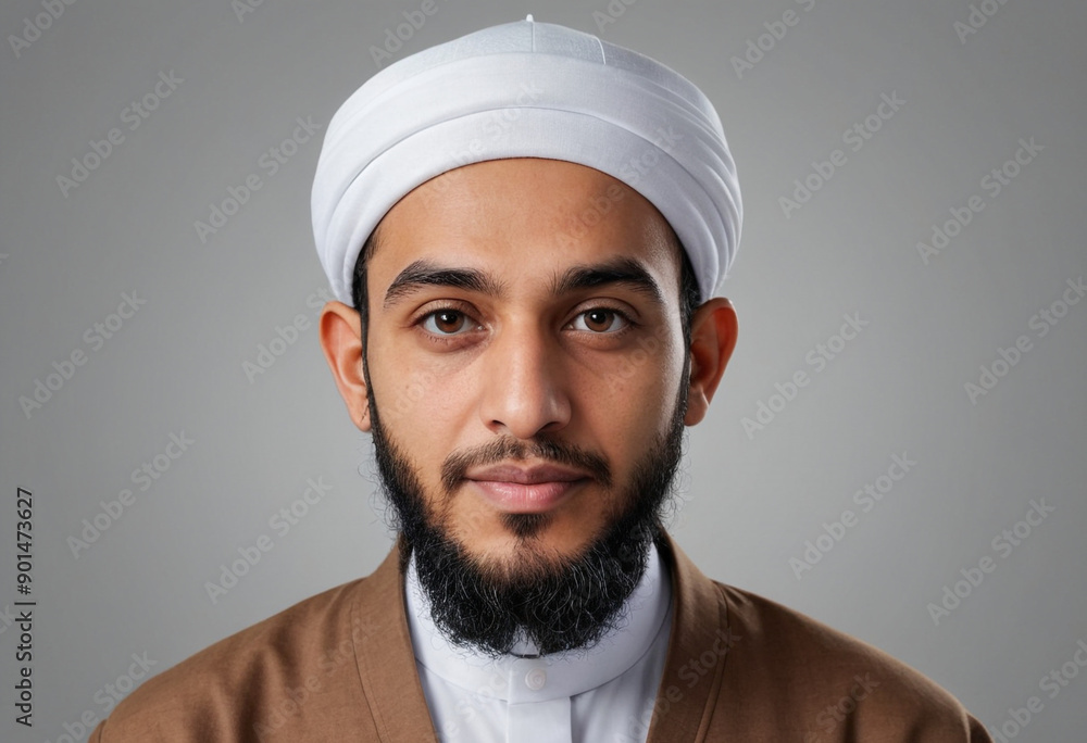 Portrait view of a regular Imam , candid, social media, avatar image, plain solid background Portrait view of a regular Imam , candid, social media, avatar image, plain solid background
