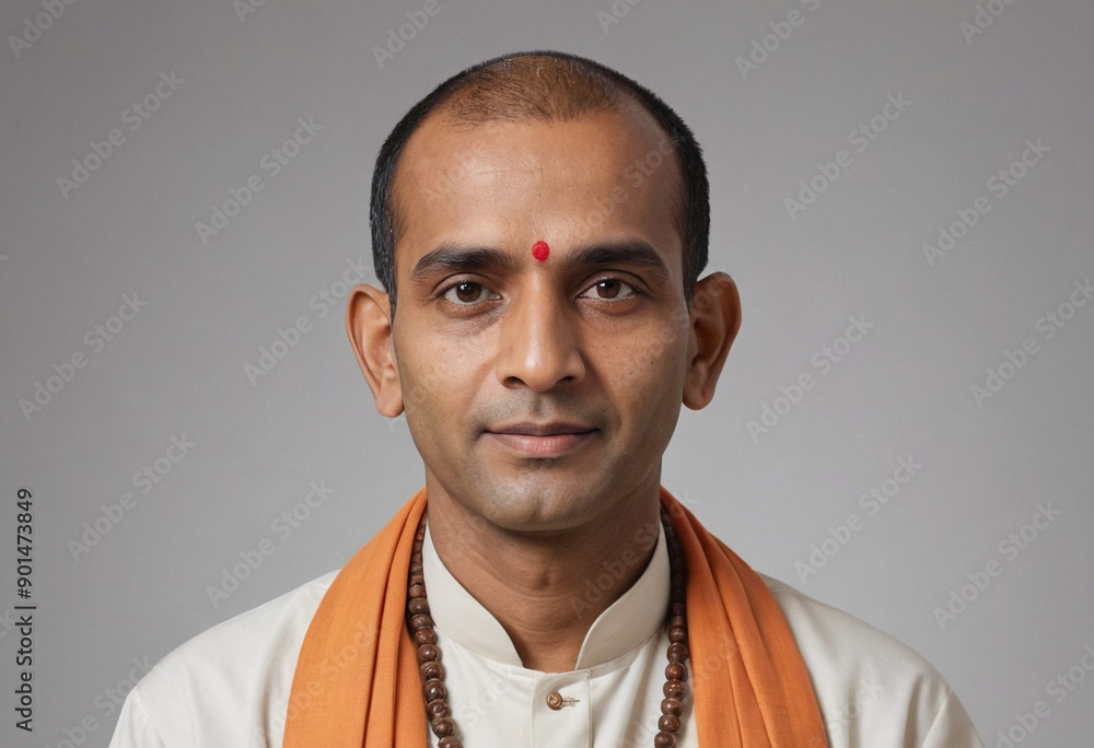 Obraz premium Portrait view of a regular Brahmin Priest , candid, social media, avatar image, plain solid background
