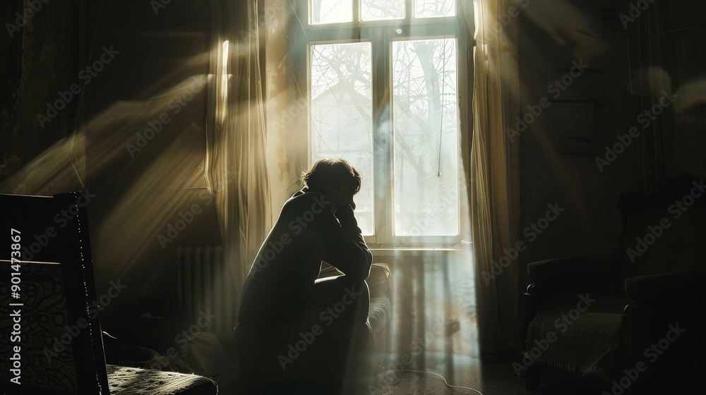 Grief of a person sitting alone in a dimly lit room, reminiscing Grief of a person sitting alone in a dimly lit room, reminiscing
