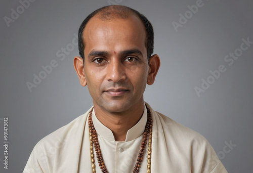 Portrait view of a regular Brahmin Priest , candid, social media, avatar image, plain solid background photo