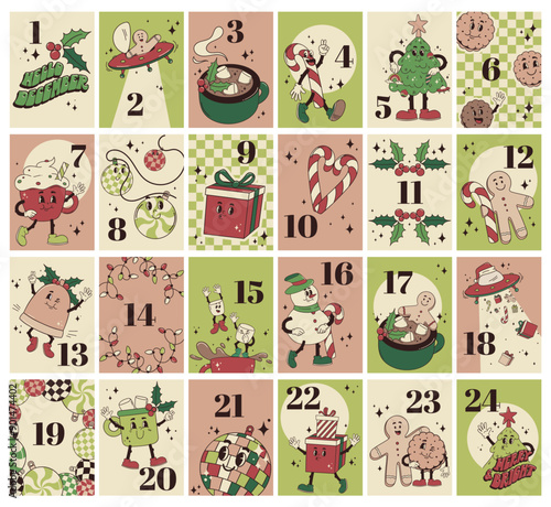 Vector set of cute Christmas cards for advent calendar in retro style. Hand drawn festive cartoon illustration with characters in vintage colors