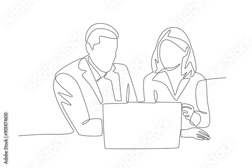 Two colleagues are discussing a briefing. Business briefing concept one-line drawing