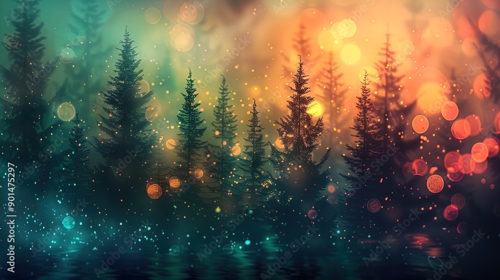 Surreal Forest Scene with Silhouetted Pine Trees and Dreamy Bokeh Lights - Ideal for Fantasy and Nature Themed Artworks Surreal Forest Scene with Silhouetted Pine Trees and Dreamy Bokeh Lights - Ideal for Fantasy and Nature Themed Artworks
