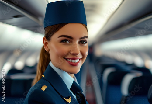 portrait of a stewardess with a beautiful and friendly smile in the aisle between the seats in a passenger seats
 photo