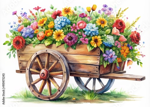 Vibrant watercolor illustration of an old wooden cart overflowing with colorful fresh flowers against a crisp white background, evoking a sense of rustic charm.