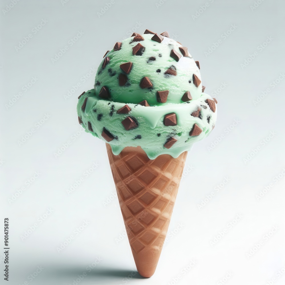 Delicious Mint Chocolate Chip Ice Cream Cone on a Light Grey Background for Culinary and Dessert Themes Delicious Mint Chocolate Chip Ice Cream Cone on a Light Grey Background for Culinary and Dessert Themes