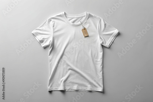 Isolated white blank t-shirt mockup with a small price tag attached to the sleeve, on a clean and minimalist background, perfect for product showcasing.