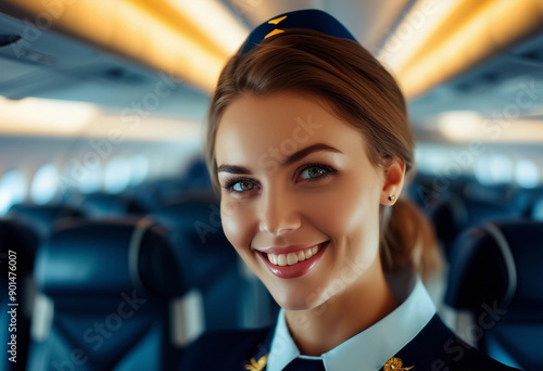 portrait of a stewardess with a beautiful and friendly smile in the aisle between the seats in a passenger seats
 photo