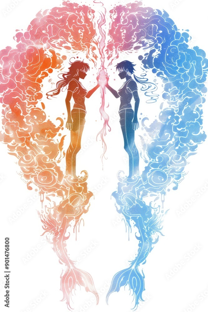 Two Women Reaching Towards Each Other in a Heart-Shaped Cloud Formation Two Women Reaching Towards Each Other in a Heart-Shaped Cloud Formation
