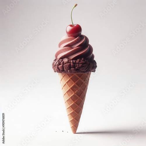 Decadent Chocolate Ice Cream Cone with Cherry on Top for Deliciousness and Summer Indulgence photo