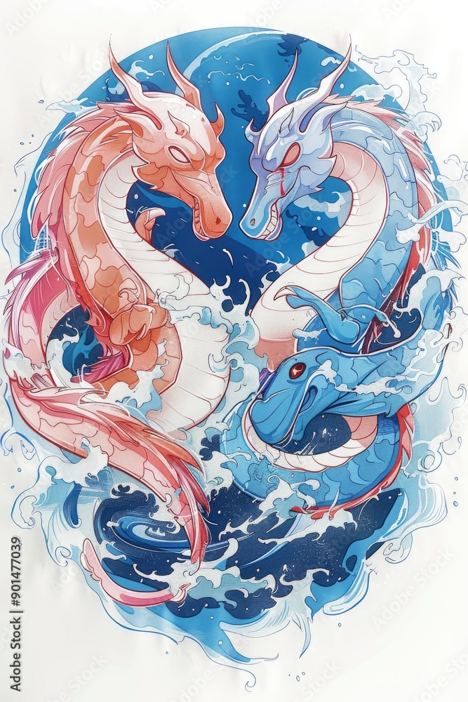 Fototapeta premium Yin Yang Dragons in a Heart Shape