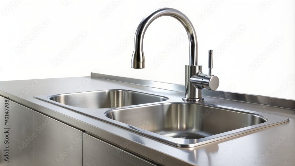 Sleek modern kitchen features a stainless steel sink with curved edges and a single-handle faucet in a polished chrome finish, set against a white background. Sleek modern kitchen features a stainless steel sink with curved edges and a single-handle faucet in a polished chrome finish, set against a white background.
