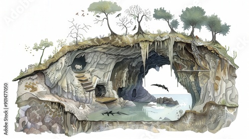 Diagram of a cave ecosystem, featuring unique cave-dwelling organisms, adaptations to darkness, and the role of underground water systems.