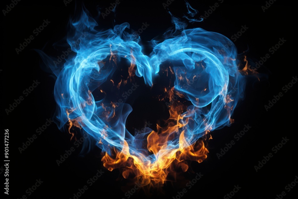 Obraz premium Photo blue fire in heart shape burning pattern smoke.