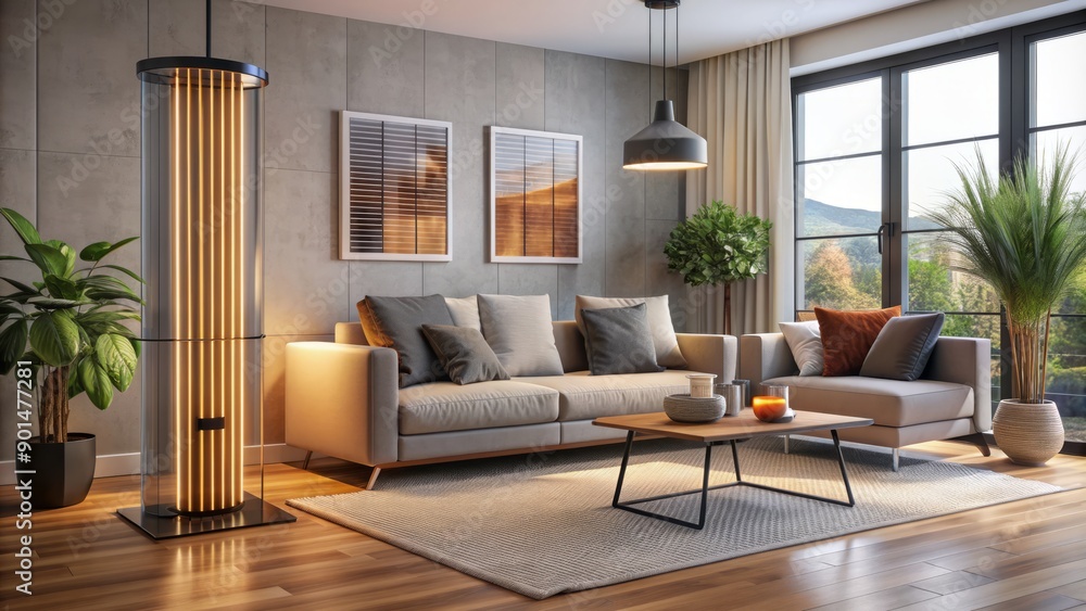 Fototapeta premium Cozy modern living room with sleek electric infrared heater radiating warm ambiance, surrounded by contemporary furniture and soft lighting, evoking a sense of comfort.