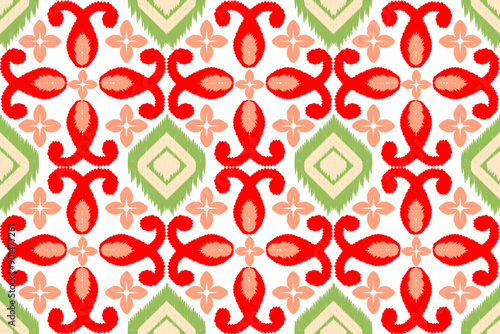 floral fabric pattern ikat style green , red , peach